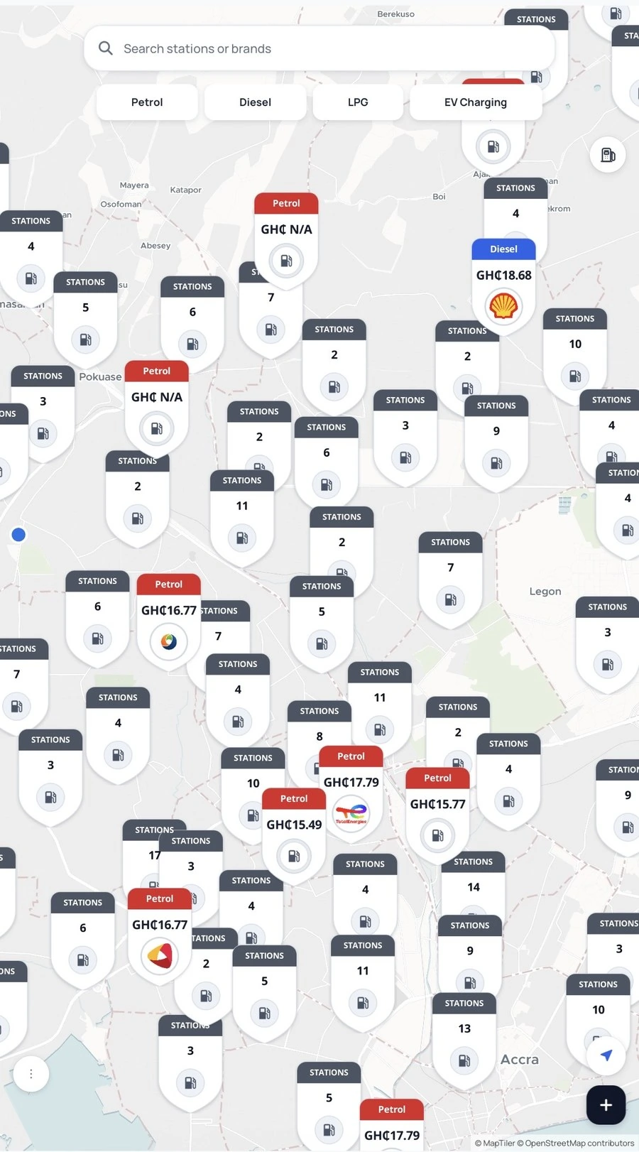 Pumply map showing clustered fuel stations at a wider zoom level