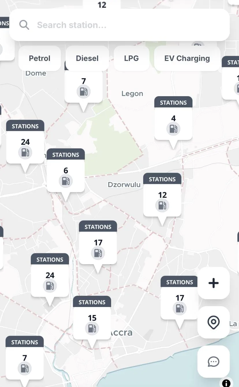 A later Pumply map of Accra with nearby stations grouped into cards showing how many stations are in each area