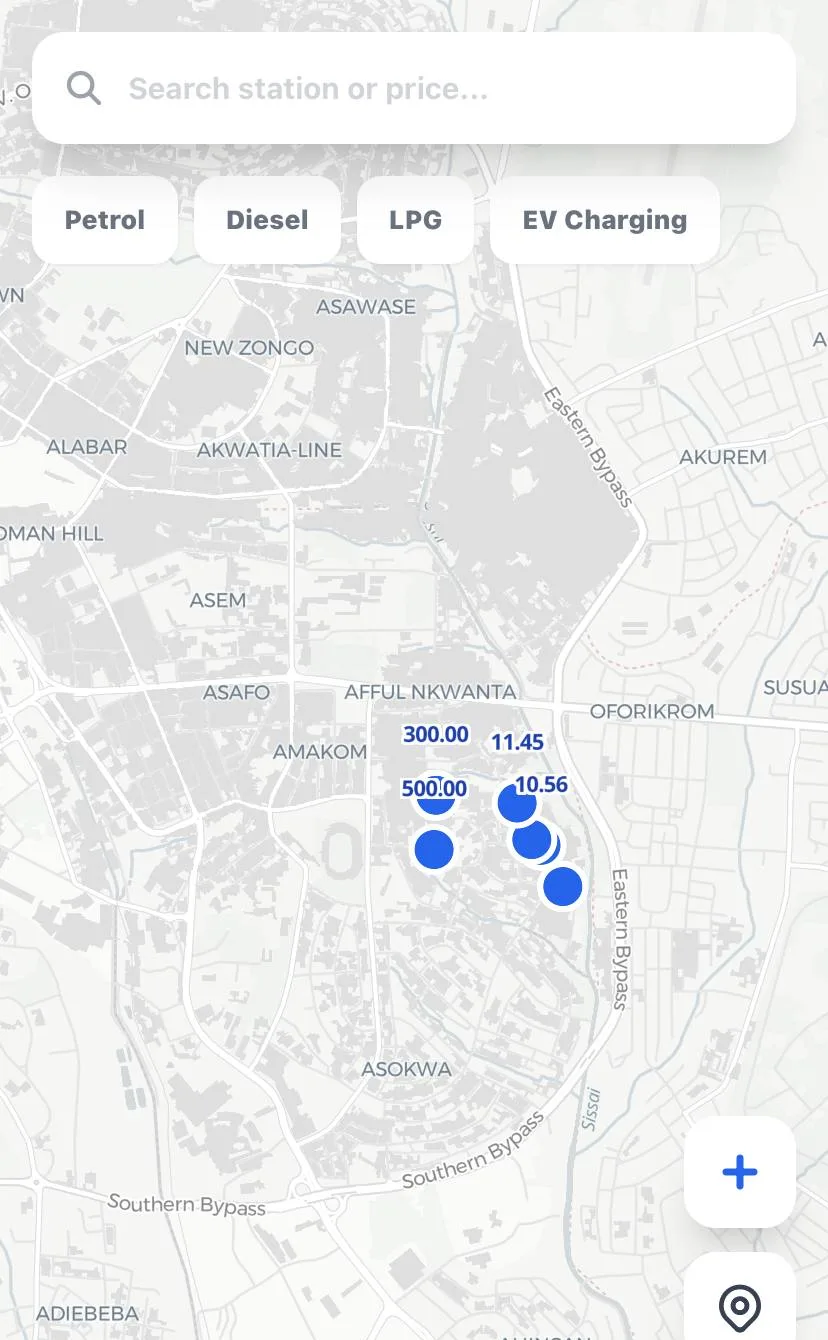 An early Pumply map of Kumasi with stations shown as plain blue dots and raw price numbers floating beside them