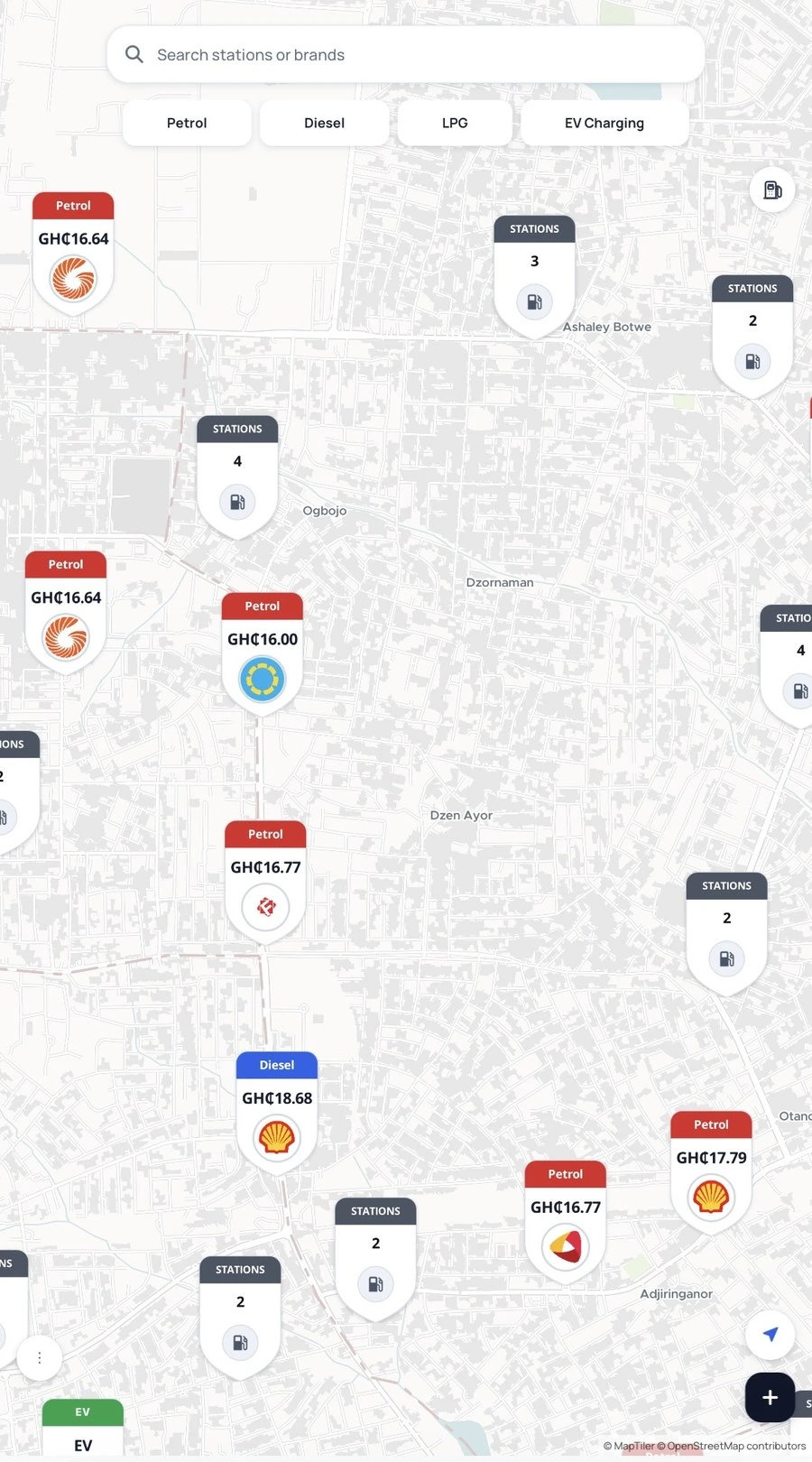 Pumply map showing fuel stations and current petrol and diesel prices around Accra