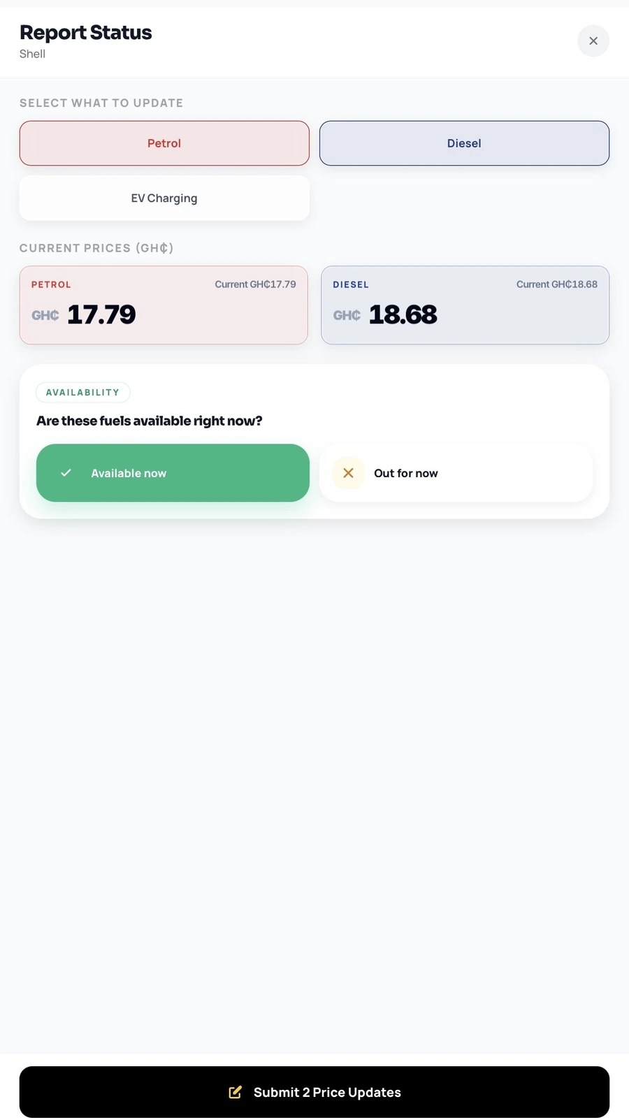 Pumply report screen for petrol, diesel and current fuel availability
